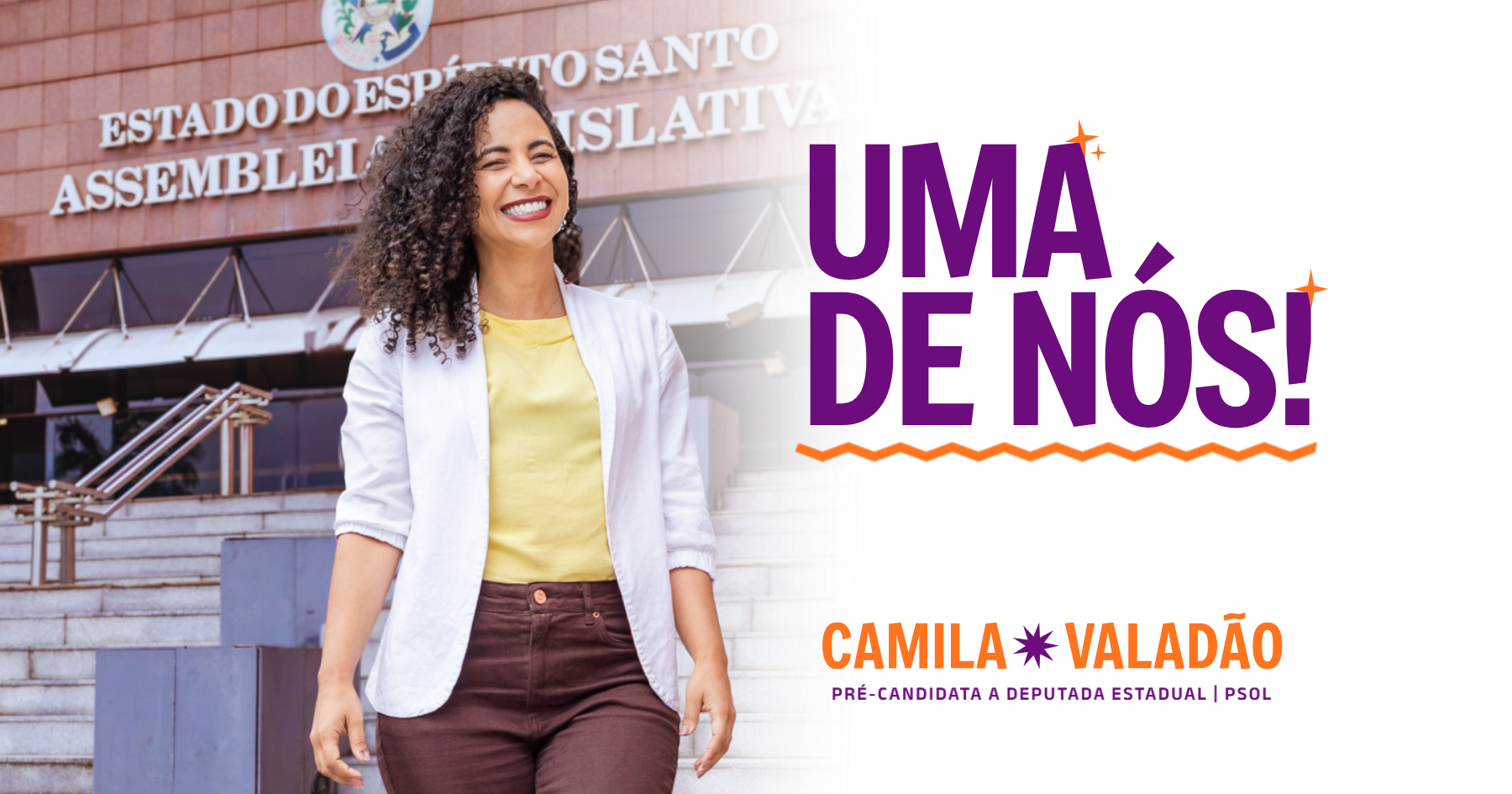 Foto de Camila Valadão à frente da Assembléia Legislativa e o logo Uma de Nós